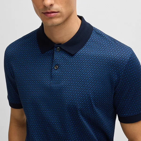 Áo Polo Nam Hugo Boss Mercerized-cotton Polo Shirt With Two-tone Monogram Print 50518877 405 Màu Xanh Blue Size S
