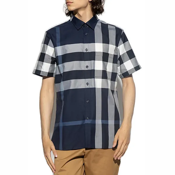 Áo Sơ Mi Nam Burberry Checked Short-Sleeved Shirt Màu Xanh Kẻ Size L