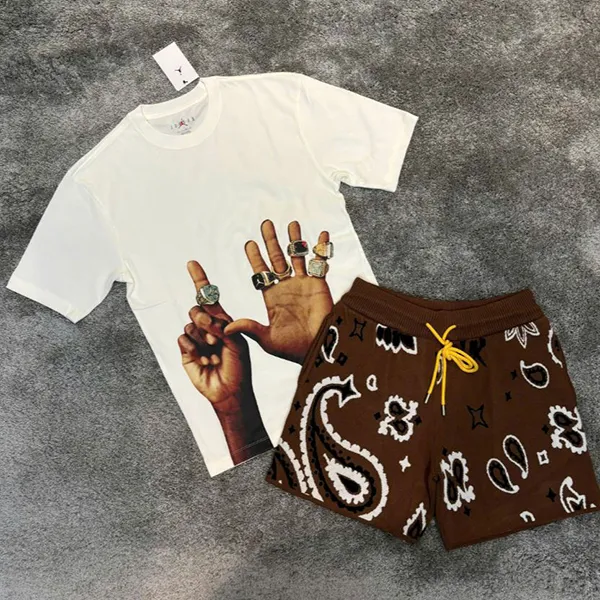 Bộ Quần Áo Cộc Tay Nam Nike Jordan X MNML Flight MVP Rings Men's Paisley Knit Short Màu Trắng Nâu Size XS (Form Âu)