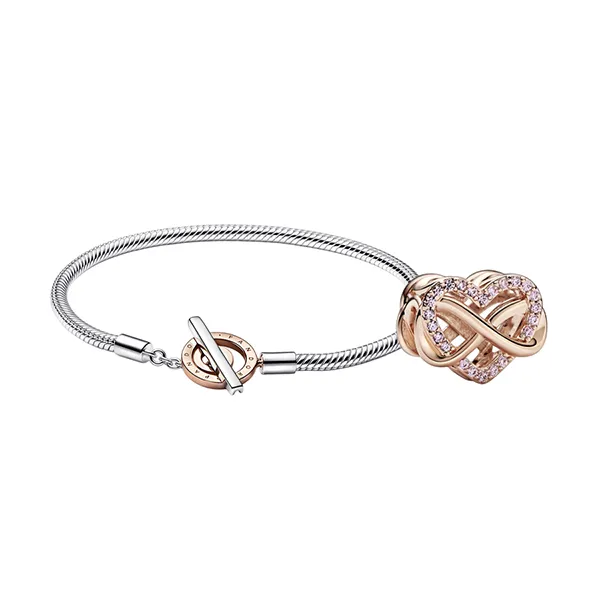 Combo Vòng Đeo Tay Pandora Toggle 582309C00 Màu Bạc Size 17 + Hạt Vòng Charm Pandora Heart 782246C01 Màu Vàng Hồng