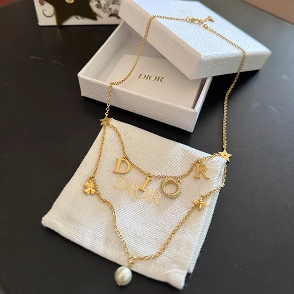 Dây Chuyền Nữ Dior Necklace In Double Chain Gold Finish Metal With A White N2879WOMCY D03S Màu Vàng - Trang sức - Vua Hàng Hiệu