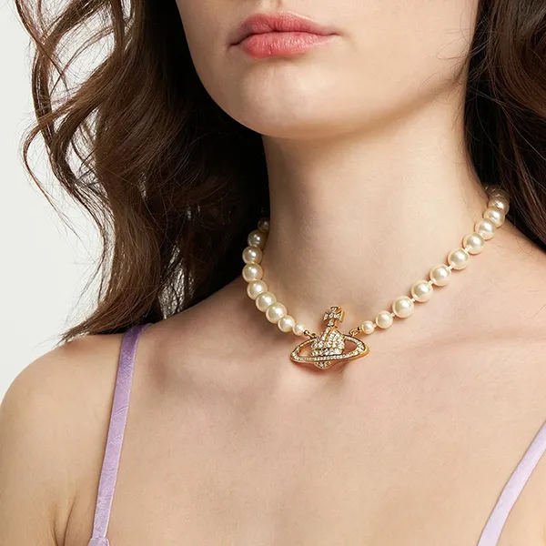 Dây Chuyền Nữ Vivienne Westwood Bas Relief Pearl-Chain Choker Màu Vàng - Trang sức - Vua Hàng Hiệu