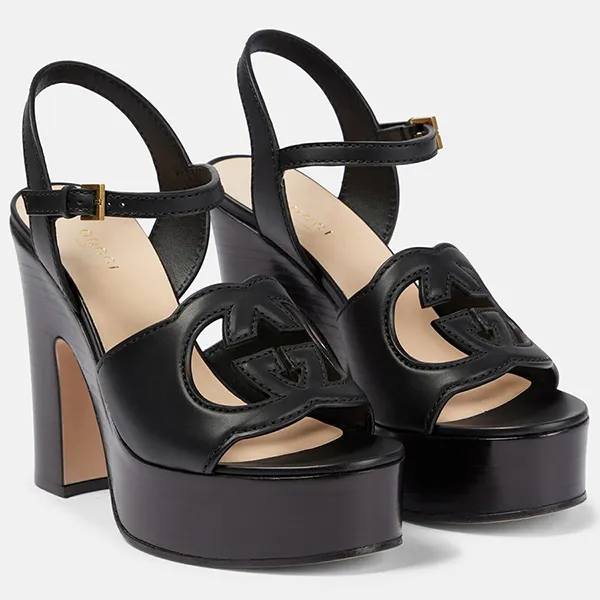 Dép Cao Gót Nữ Gucci Interlocking G Leather Platform Sandals Màu Đen Size 37.5