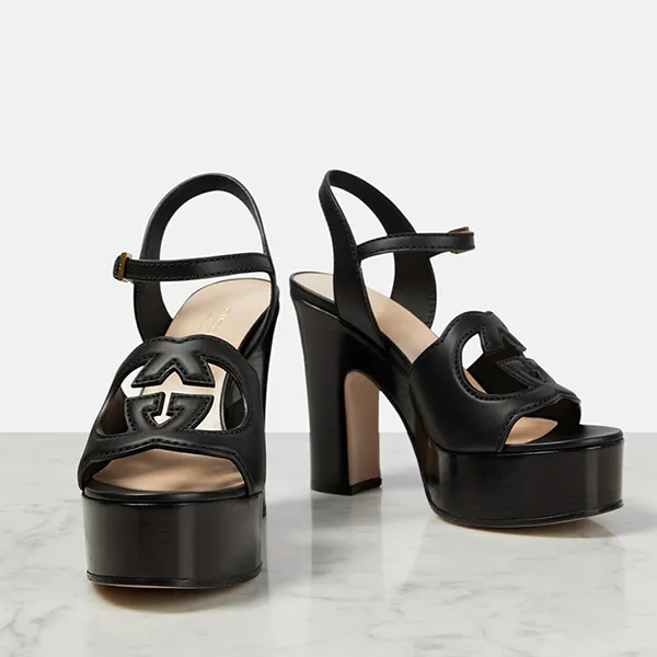 Dép Cao Gót Nữ Gucci Interlocking G Leather Platform Sandals Màu Đen Size 37.5