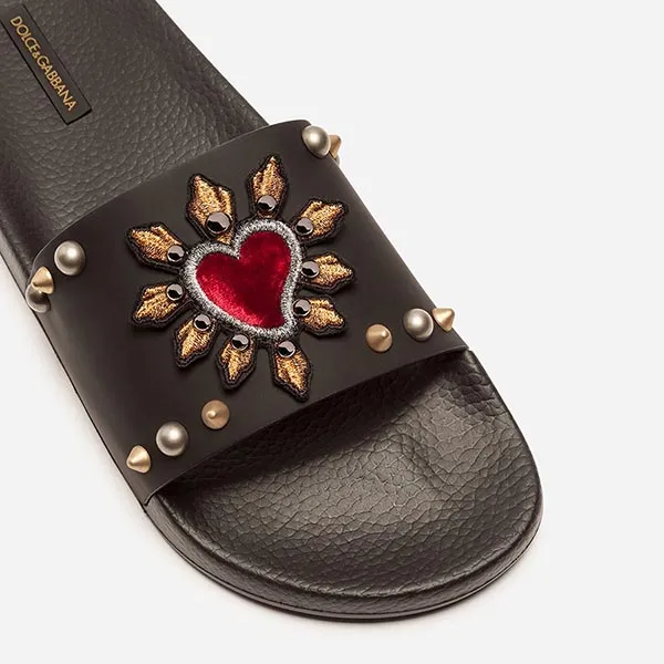 Dép Nam Dolce & Gabbana D&G Rubber And Calfskin Sliders With Heart Patch Màu Đen Size 39