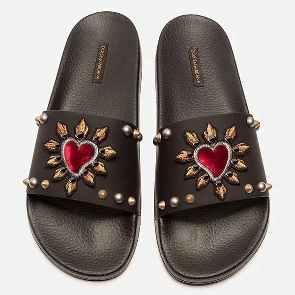 Dép Nam Dolce & Gabbana D&G Rubber And Calfskin Sliders With Heart Patch Màu Đen Size 39