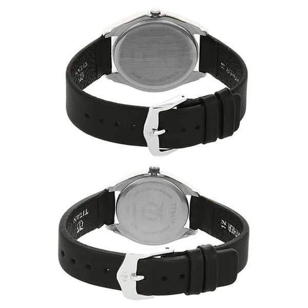 Đồng Hồ Đôi Titan Analog With Day And Date Silver Dial Leather Strap Watch 15782489SL03 Màu Đen - Bạc