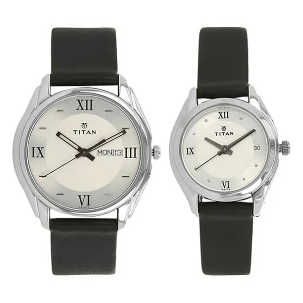 Đồng Hồ Đôi Titan Analog With Day And Date Silver Dial Leather Strap Watch 15782489SL03 Màu Đen - Bạc