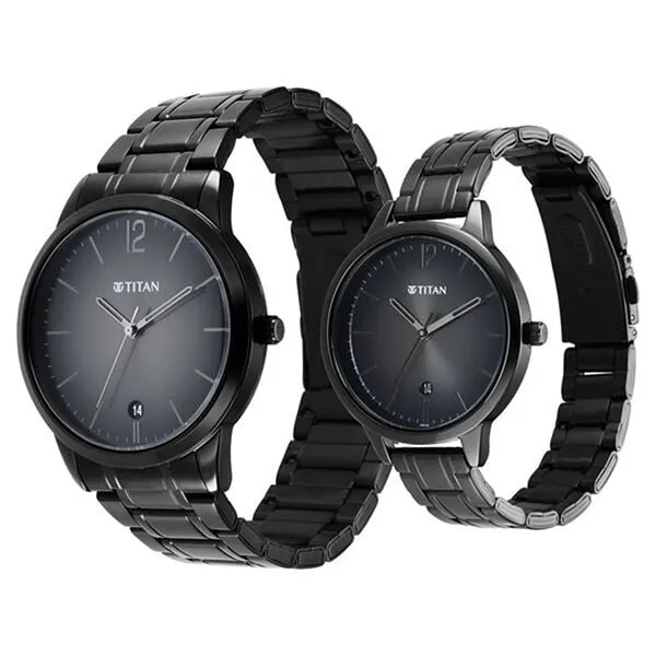 Đồng Hồ Đôi Titan Bandhan Anthracite Dial Analog With Date Stainless Steel Strap Watch 18062617NM01 Màu Đen