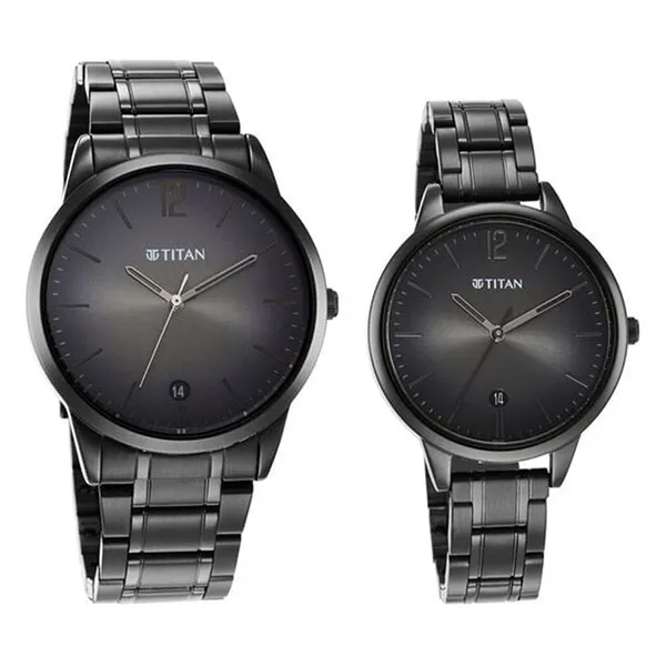 Đồng Hồ Đôi Titan Bandhan Anthracite Dial Analog With Date Stainless Steel Strap Watch 18062617NM01 Màu Đen