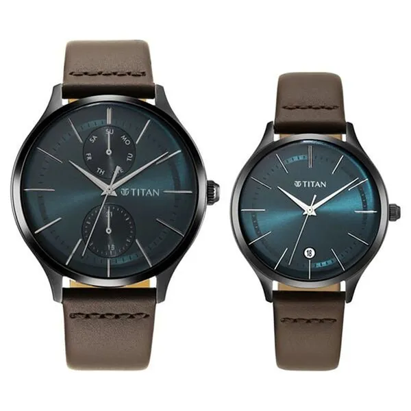 Đồng Hồ Đôi Titan Bandhan Green Dial Analog With Date Leather Strap Watch 9400494204QL01 Màu Nâu Xanh - Đồng hồ - Vua Hàng Hiệu