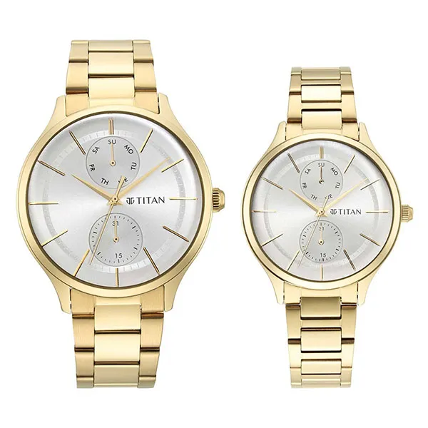 Đồng Hồ Đôi Titan Bandhan Silver Dial Multi Stainless Steel Strap Watch 9400494204YM01 Màu Vàng Gold