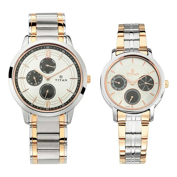 Đồng Hồ Đôi Titan Bandhan Stainless Steel Strap Couple Watch 17692589KM01 Màu Vàng Trắng