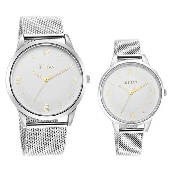 Đồng Hồ Đôi Titan Quartz Analog White Dial Stainless Steel Strap Watch 18062648SM01 Màu Bạc
