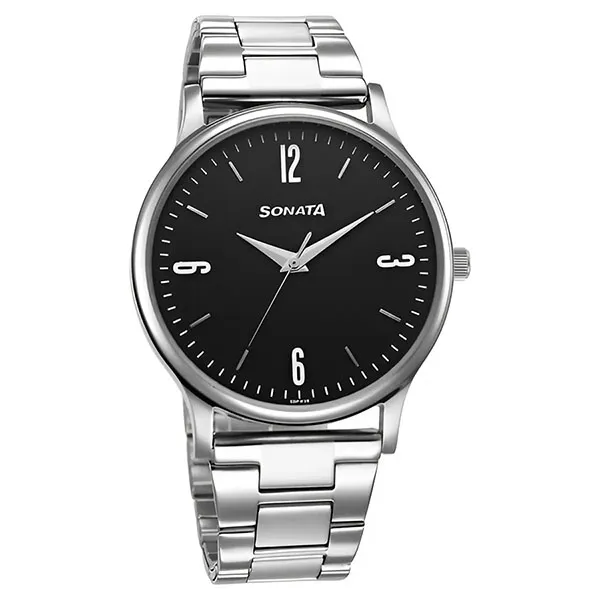 Đồng Hồ Nam Sonata Aspire Quartz Analog Black Dial Stainless Steel Strap Watch 77105SM09 Màu Đen Trắng - Đồng hồ - Vua Hàng Hiệu