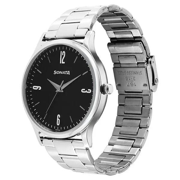 Đồng Hồ Nam Sonata Aspire Quartz Analog Black Dial Stainless Steel Strap Watch 77105SM09 Màu Đen Trắng - Đồng hồ - Vua Hàng Hiệu