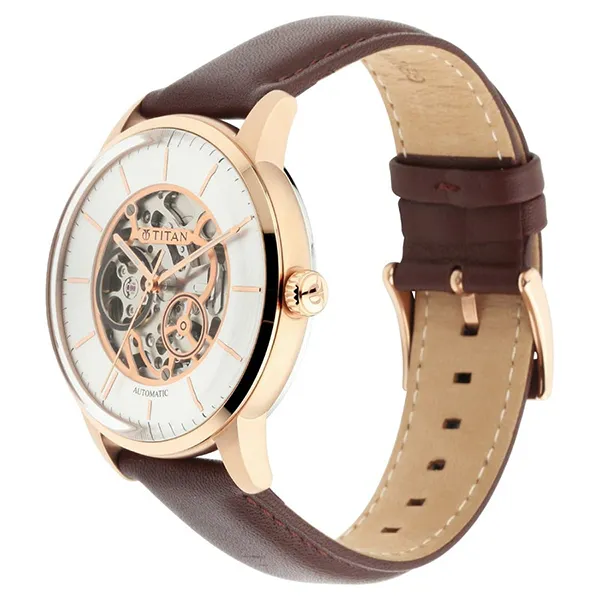 Đồng Hồ Nam Titan Automatic Silver Dial Brown Leather Strap Watch 90110WL03 Màu Nâu Vàng