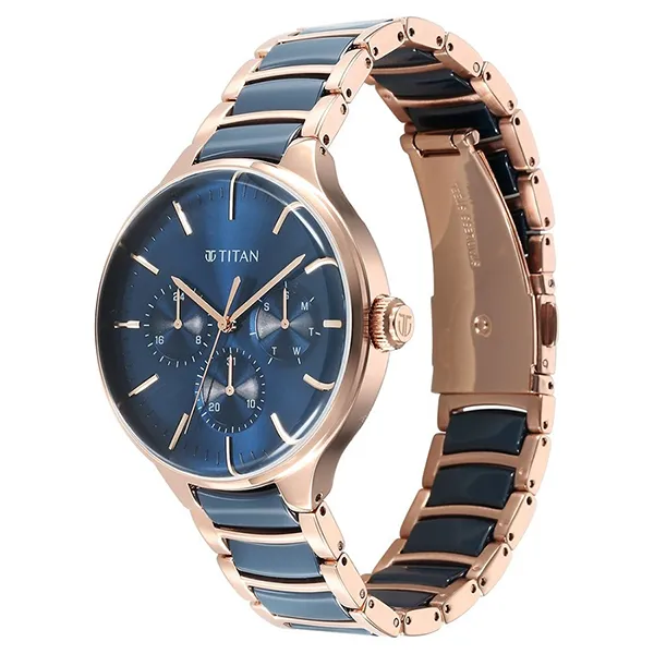 Đồng Hồ Nam Titan Ceramic Fusion Quartz Multifunction Blue Dial With Two Toned Color Stainless Steel 90148KD04 Màu Xanh