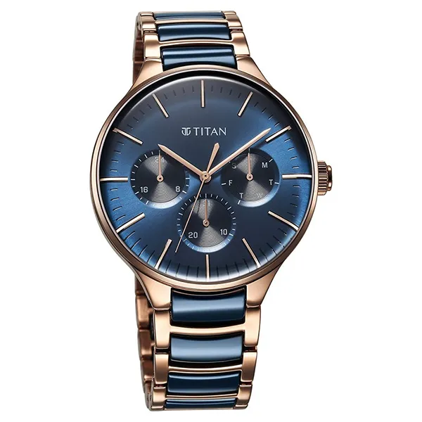 Đồng Hồ Nam Titan Ceramic Fusion Quartz Multifunction Blue Dial With Two Toned Color Stainless Steel 90148KD04 Màu Xanh