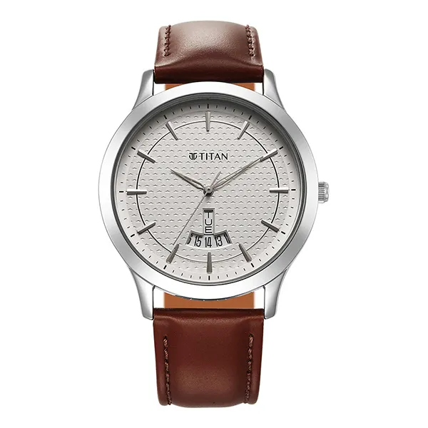 Đồng Hồ Nam Titan Karishma Quartz Analog Silver Dial Leather Strap Watch 1825SL15 Màu Bạc - Nâu