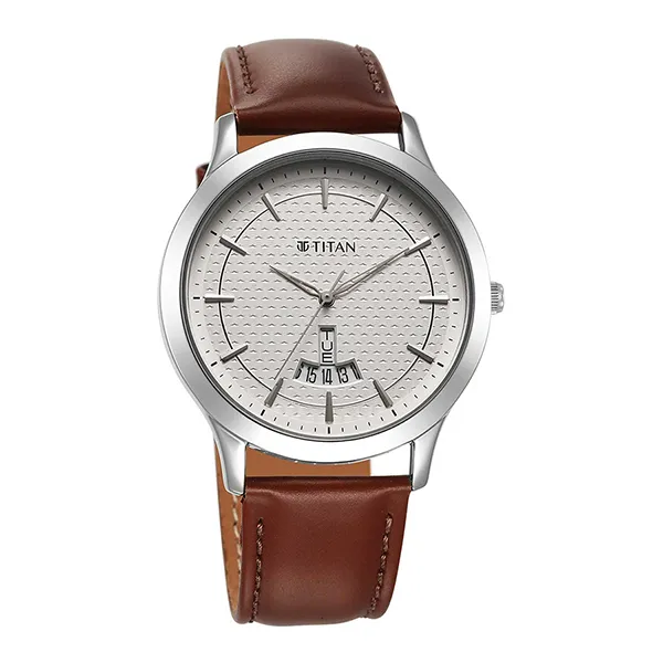 Đồng Hồ Nam Titan Karishma Quartz Analog Silver Dial Leather Strap Watch 1825SL15 Màu Bạc - Nâu