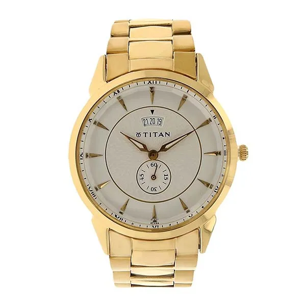 Đồng Hồ Nam Titan Quartz Analog With Date Silver Round Dial Watch 1521YM01 Màu Vàng Gold