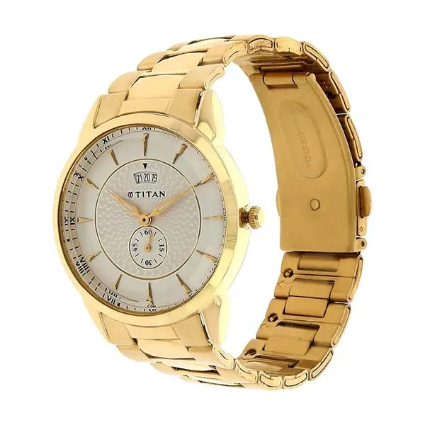Đồng Hồ Nam Titan Quartz Analog With Date Silver Round Dial Watch 1521YM01 Màu Vàng Gold