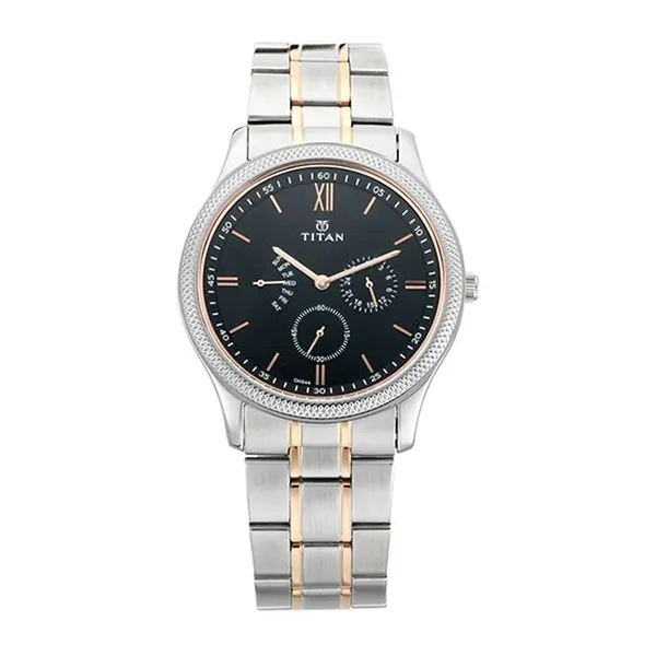 Đồng Hồ Nam Titan Quartz Multifunction Black Dial Stainless Steel Strap 1768KM01 Màu Đen Bạc
