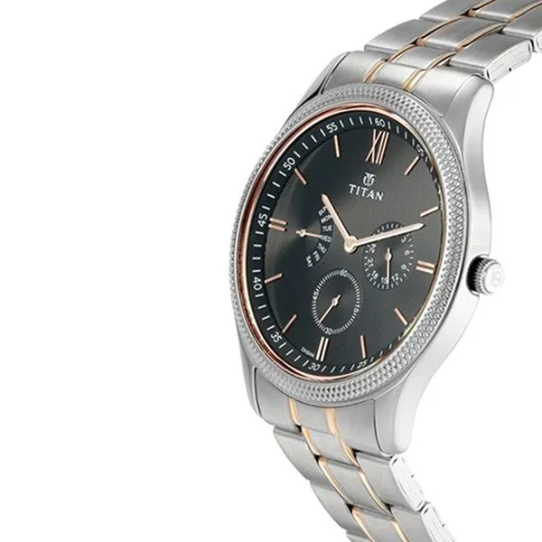 Đồng Hồ Nam Titan Quartz Multifunction Black Dial Stainless Steel Strap 1768KM01 Màu Đen Bạc
