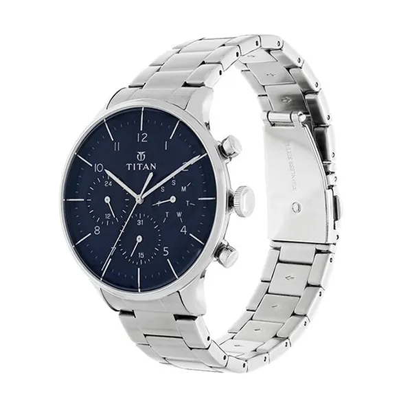 Đồng Hồ Nam Titan Quartz Multifunction Blue Dial Stainless Steel Strap 90102SM01 Màu Bạc Xanh