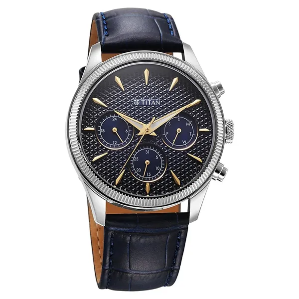 Đồng Hồ Nam Titan Regalia Opulent Quartz Analog With Day And Date Blue Dial Blue Leather 1805SL13 Màu Xanh Bạc