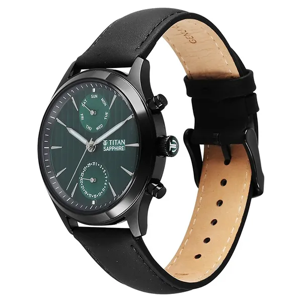 Đồng Hồ Nam Titan Sapphire Multifunction Quartz Analog With Day And Date Green Dial Leather 1874NL01 Màu Đen