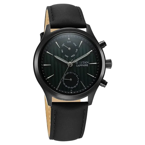 Đồng Hồ Nam Titan Sapphire Multifunction Quartz Analog With Day And Date Green Dial Leather 1874NL01 Màu Đen