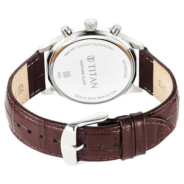 Đồng Hồ Nam Titan Sapphire Multifunction Quartz Analog With Day And Date White Dial Leather 1874SL03 Màu Nâu Bạc