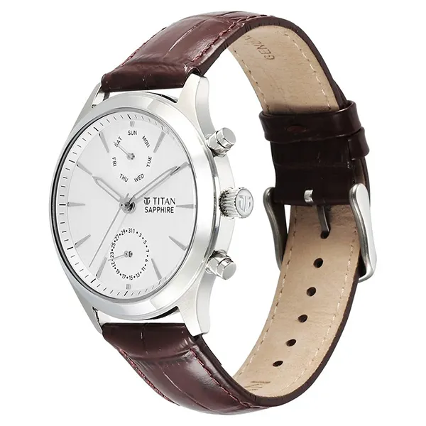 Đồng Hồ Nam Titan Sapphire Multifunction Quartz Analog With Day And Date White Dial Leather 1874SL03 Màu Nâu Bạc