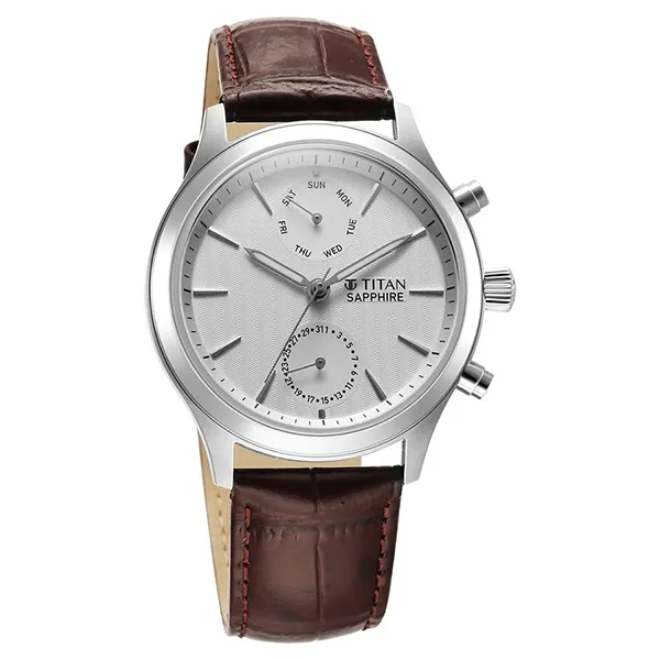 Đồng Hồ Nam Titan Sapphire Multifunction Quartz Analog With Day And Date White Dial Leather 1874SL03 Màu Nâu Bạc