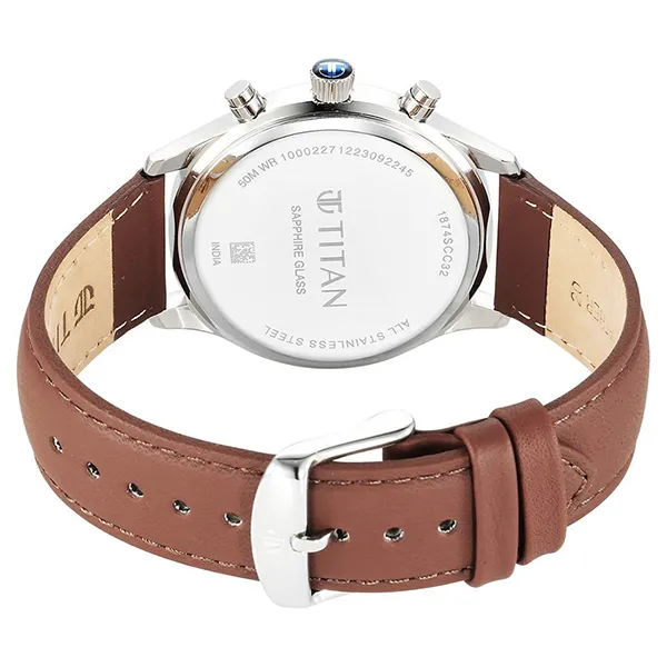 Đồng Hồ Nam Titan Sapphire Quartz Multifunction Blue Dial Leather Strap Watch 1874SL06 Màu Nâu Bạc