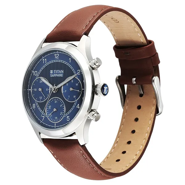 Đồng Hồ Nam Titan Sapphire Quartz Multifunction Blue Dial Leather Strap Watch 1874SL06 Màu Nâu Bạc