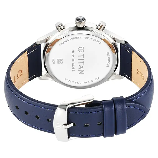 Đồng Hồ Nam Titan Sapphire Quartz Multifunction Silver Dial Leather Strap Watch 1874SL04 Màu Xanh Bạc