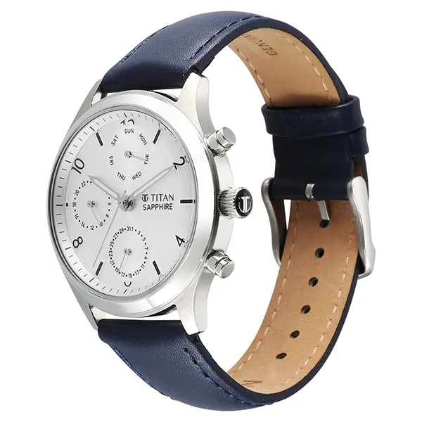 Đồng Hồ Nam Titan Sapphire Quartz Multifunction Silver Dial Leather Strap Watch 1874SL04 Màu Xanh Bạc