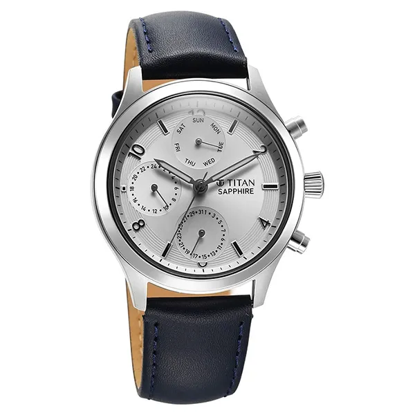 Đồng Hồ Nam Titan Sapphire Quartz Multifunction Silver Dial Leather Strap Watch 1874SL04 Màu Xanh Bạc