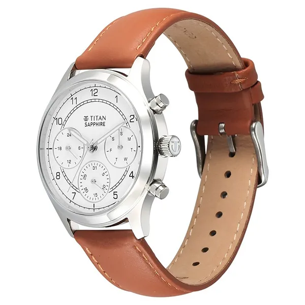 Đồng Hồ Nam Titan Sapphire Quartz Multifunction White Dial Leather Strap Watch 1874SL05 Màu Nâu Bạc - Đồng hồ - Vua Hàng Hiệu
