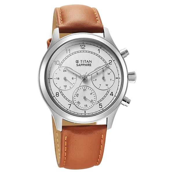 Đồng Hồ Nam Titan Sapphire Quartz Multifunction White Dial Leather Strap Watch 1874SL05 Màu Nâu Bạc - Đồng hồ - Vua Hàng Hiệu
