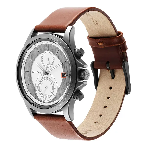 Đồng Hồ Nam Titan Workwear Silver Dual Time Quartz Leather Strap Watch 1870QL01 Màu Xám - Trắng