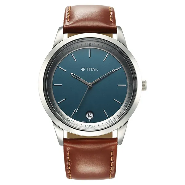 Đồng Hồ Nam Titan Wrist Wit Quartz Analog With Date Blue Dial Leather 1806SL12 Màu Nâu Bạc