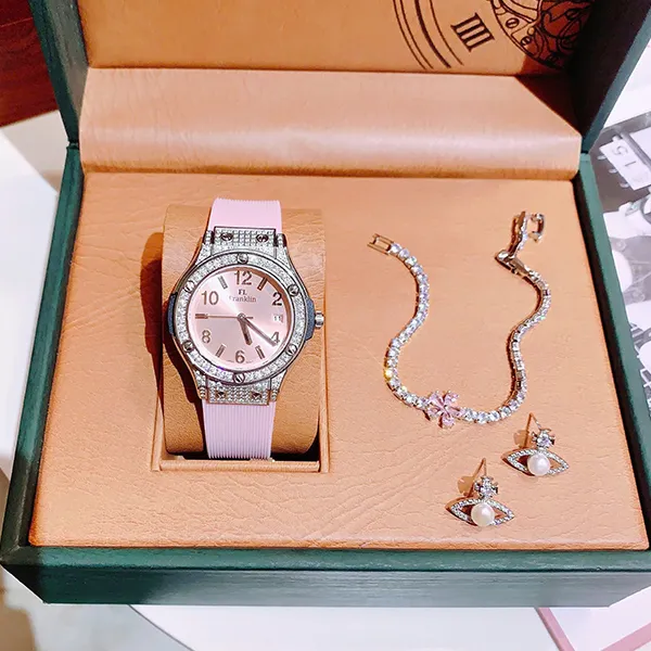 Set Đồng Hồ Nữ FL Franklin Quartz Watch Màu Bạc Hồng (Kèm Khuyên Tai + Dây Chuyền) - Đồng hồ - Vua Hàng Hiệu