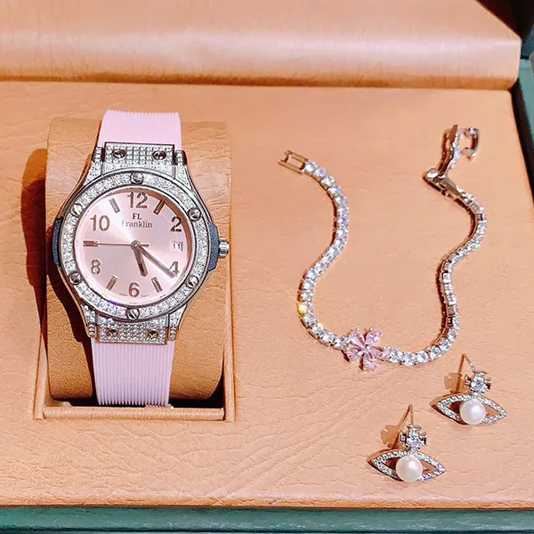 Set Đồng Hồ Nữ FL Franklin Quartz Watch Màu Bạc Hồng (Kèm Khuyên Tai + Dây Chuyền) - Đồng hồ - Vua Hàng Hiệu