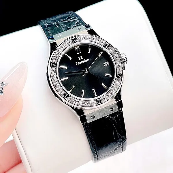 Đồng Hồ Nữ FL Franklin Black Leather Strap Silver Case With Gemstones 31mm Màu Đen (Tặng Kèm Khuyên Tai)