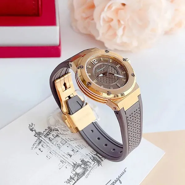Đồng Hồ Nữ Salvatore Ferragamo F-80 Diamond Watch 33mm Màu Nâu/ Vàng Hồng