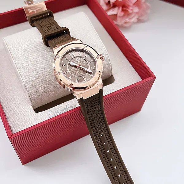 Đồng Hồ Nữ Salvatore Ferragamo F-80 Diamond Watch 33mm Màu Nâu/ Vàng Hồng